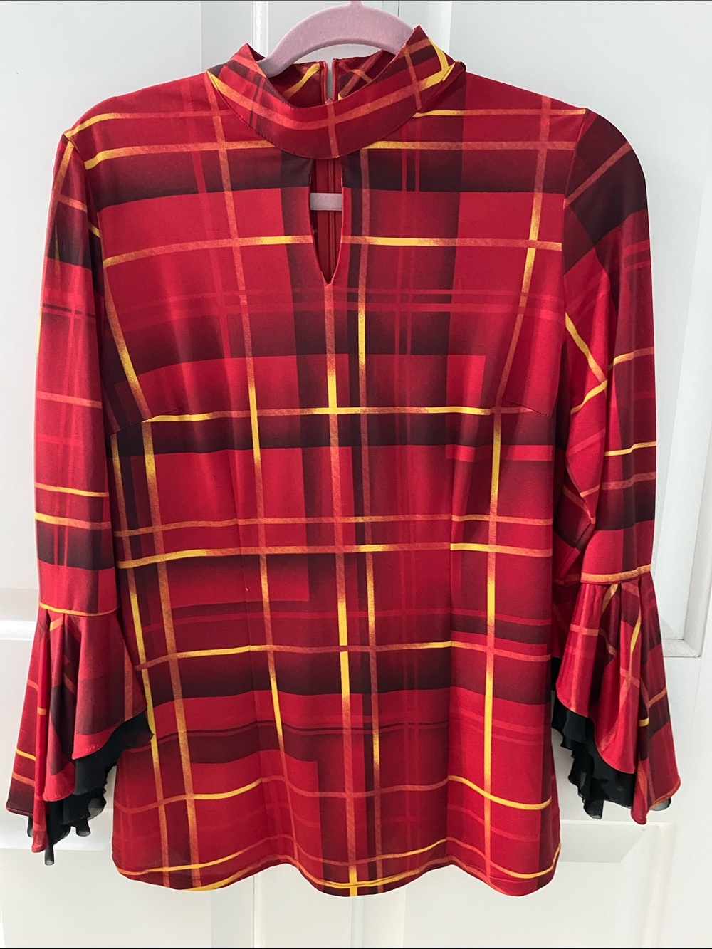Peter Nygard Red Plaid Ruffle-Sleeve Keyhole Blouse